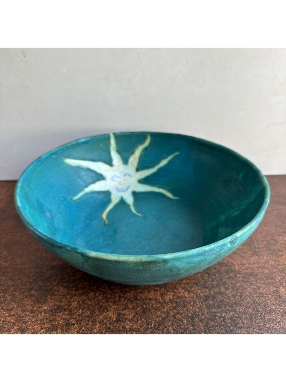 Roxy Wright Studio Pottery Bowl Hand Thrown Sun Face Turquoise Signed